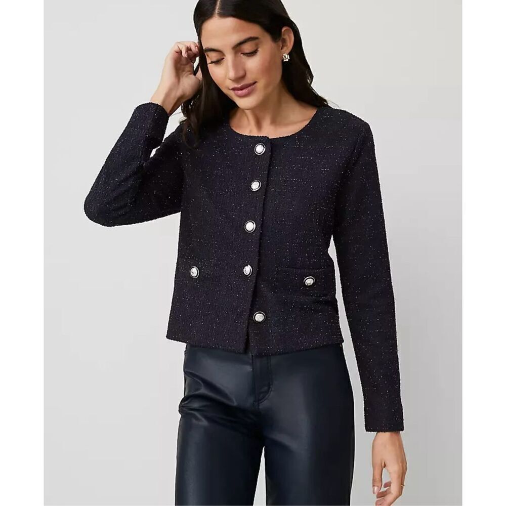 NEW Ann Taylor Metallic Shimmer Button Front Jacket‎ size M Navy Blue